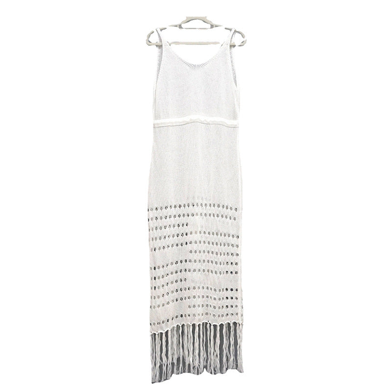 Ladies airy beach dress with fringes and tie belt Ivyshape