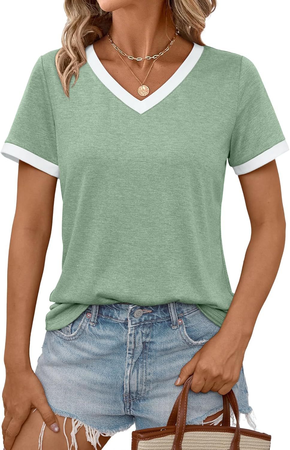 Women Casual V-Neck T-Shirt with Contrast Trim Ivyshape
