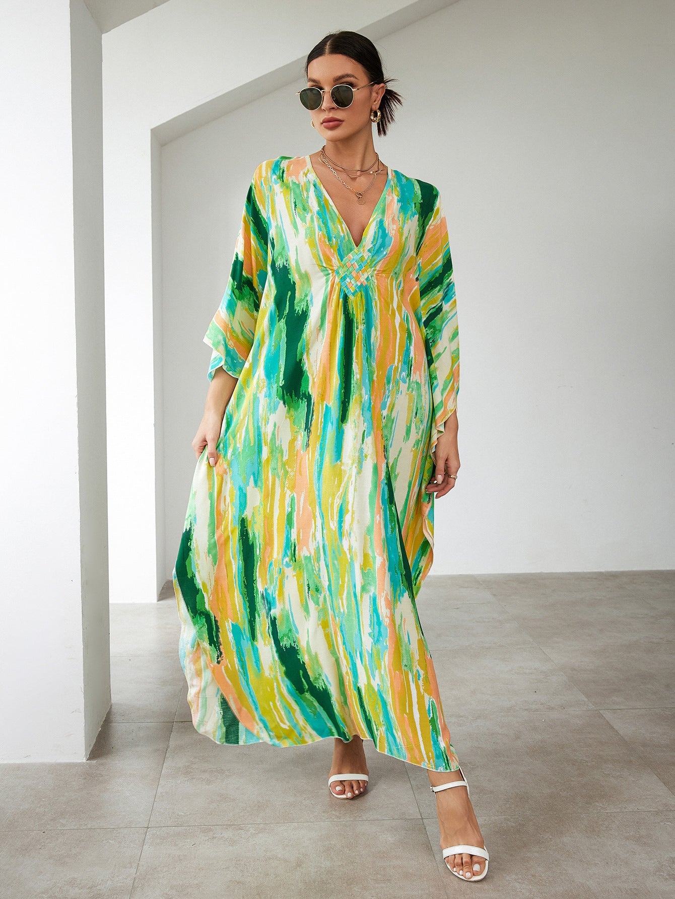Ladies beach kaftan with elegant V-neck and colorful pattern Ivyshape