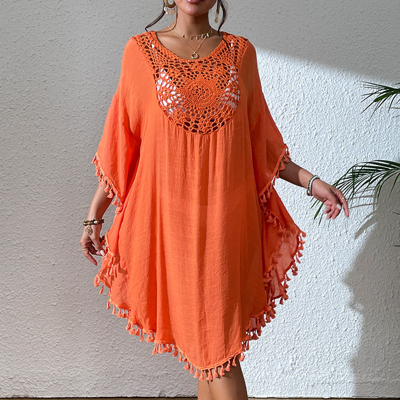 Women's lightweight beach cover-up with intricate crochet accents and fringe details Ivyshape