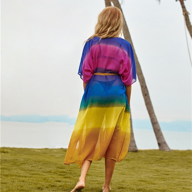 Women's transparent beach kimono with colorful gradient and attractive sleeves Ivyshape