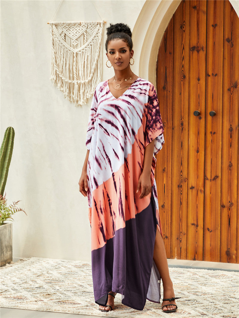 Ladies Kaftan dress with colorful batik pattern and flowing cut Ivyshape