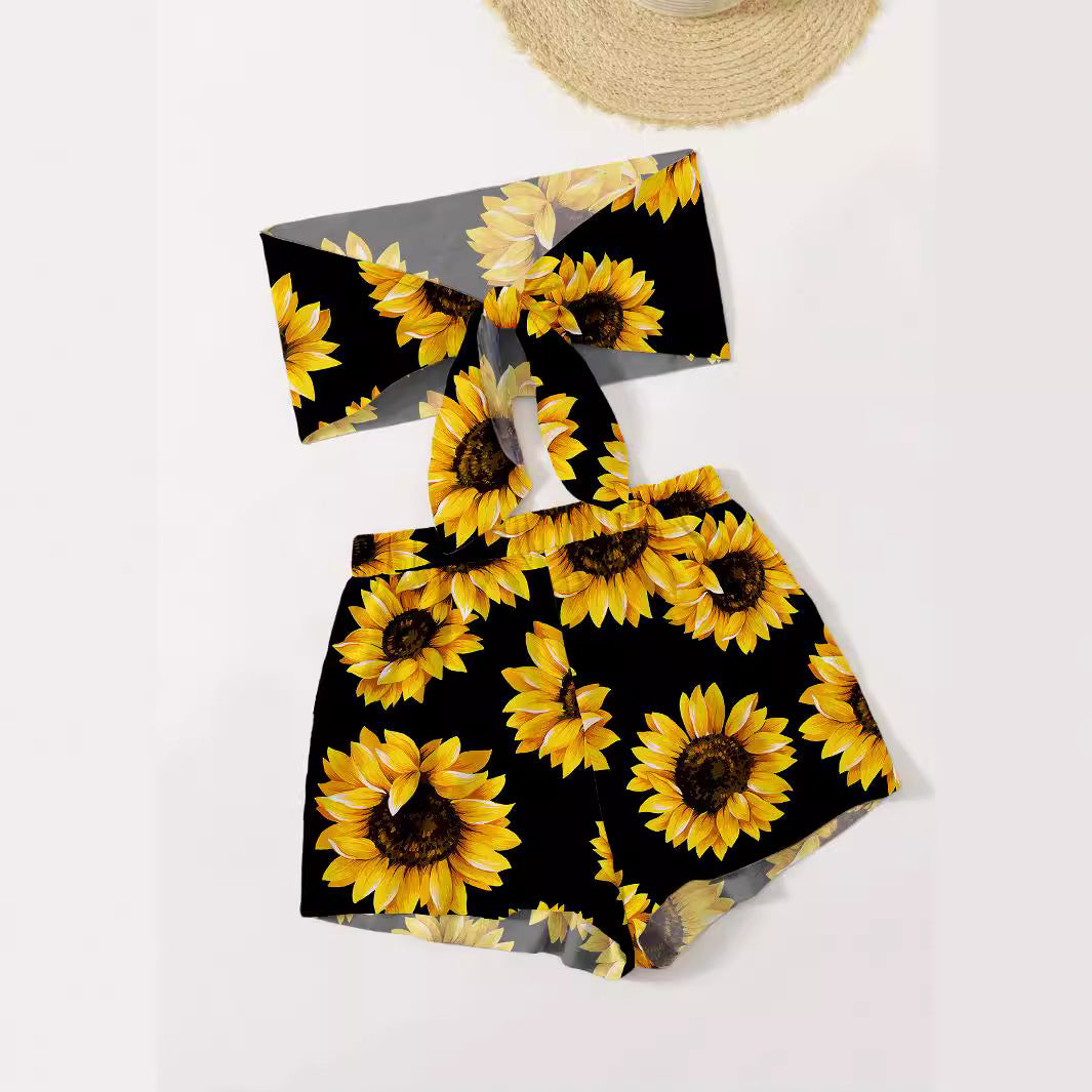Women's Crop Top and Shorts Set with Sunflower Pattern Ivyshape