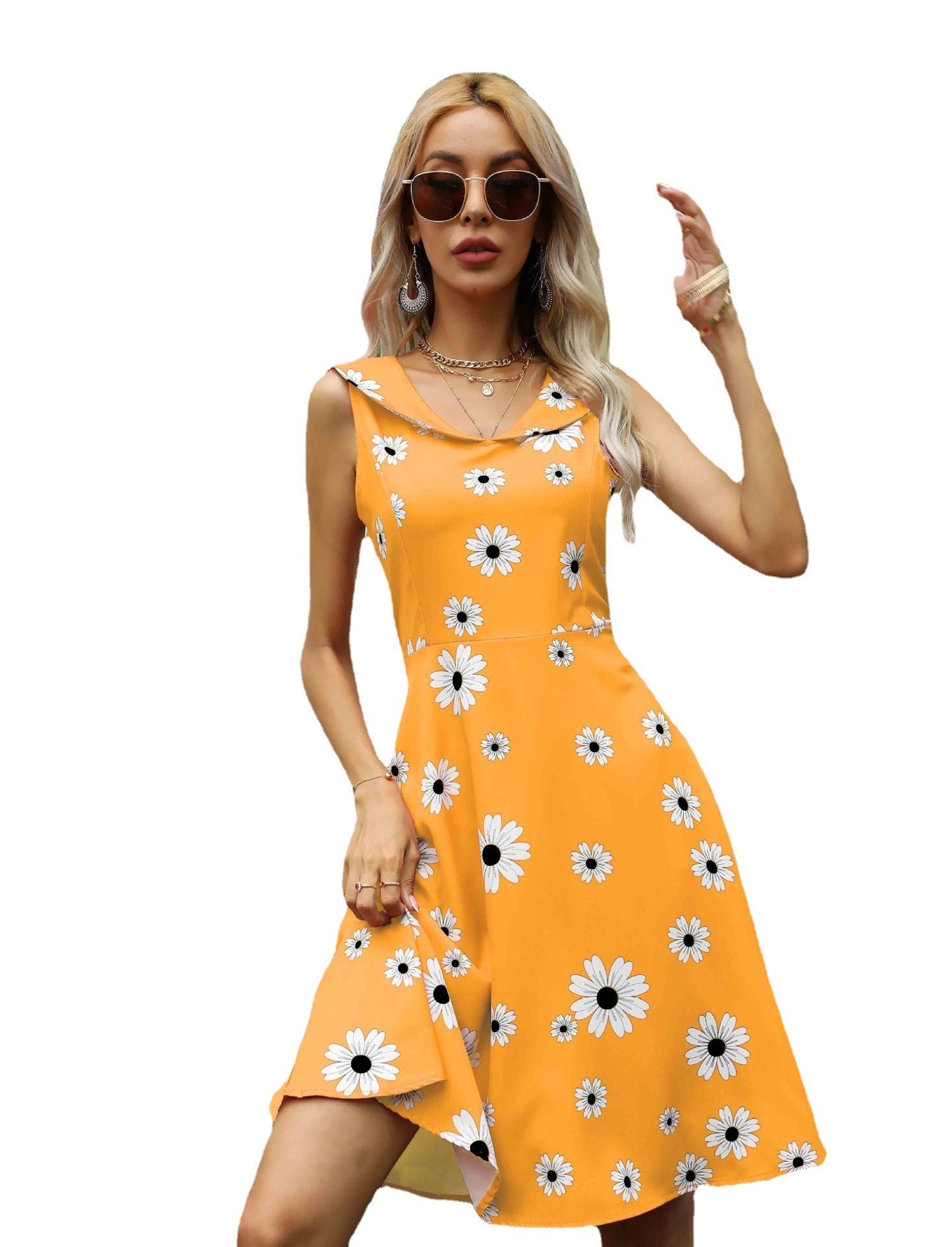 Women's floral dress with flattering A-line cut and lace neckline Ivyshape