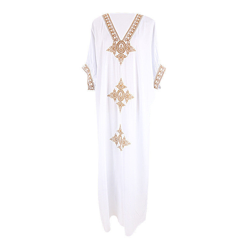 Women's Maxi Kaftan with Artistic Embroidery and Elegant V-Neck Ivyshape