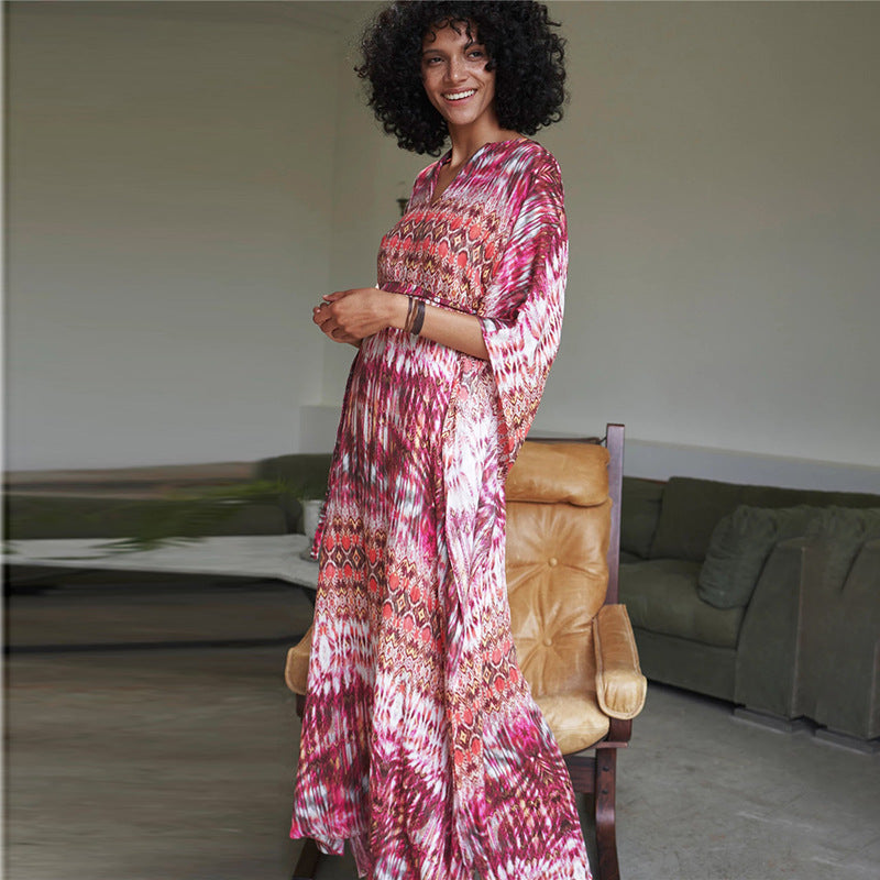 Ladies maxi dress with colorful ethnic pattern and flowing cut Ivyshape