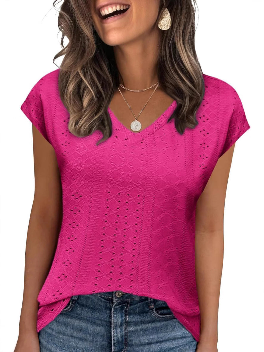 Women Lightweight V-Neck Eyelet Knit Top Ivyshape
