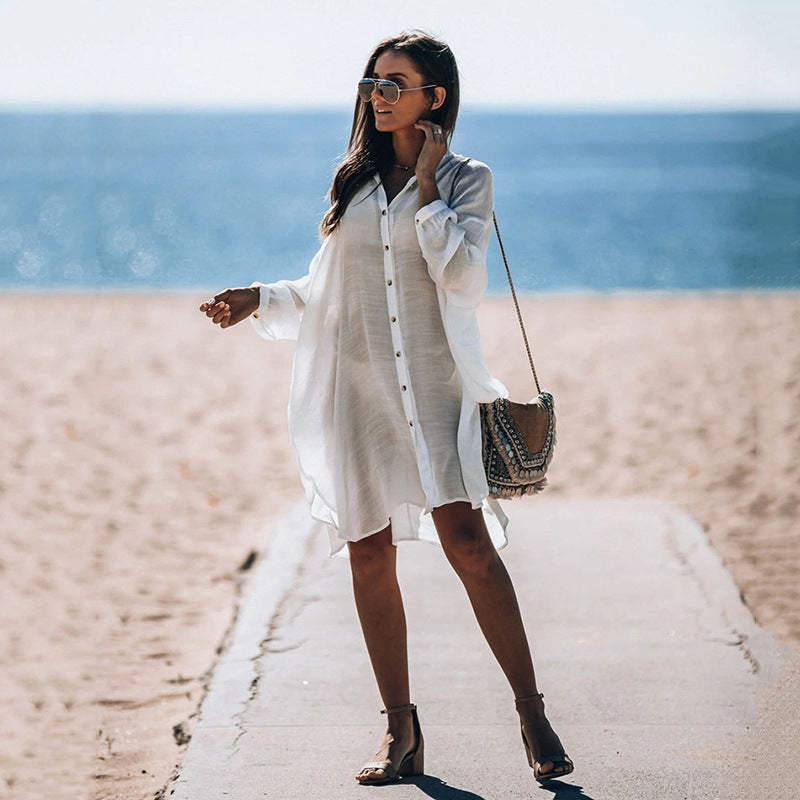 Women's Casual Beach Shirt Dress with Button Detail and Loose Fit Ivyshape