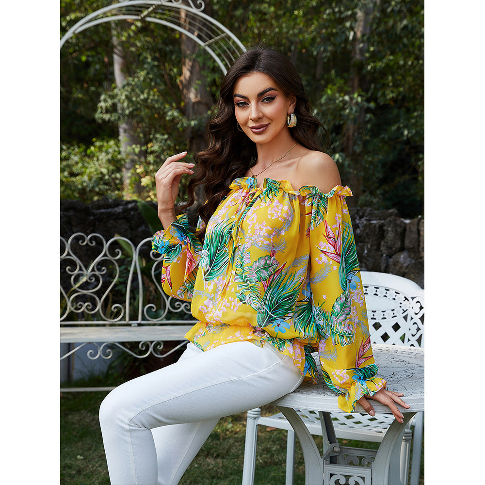 Women's off-shoulder blouse with floral design and ruffle details Ivyshape