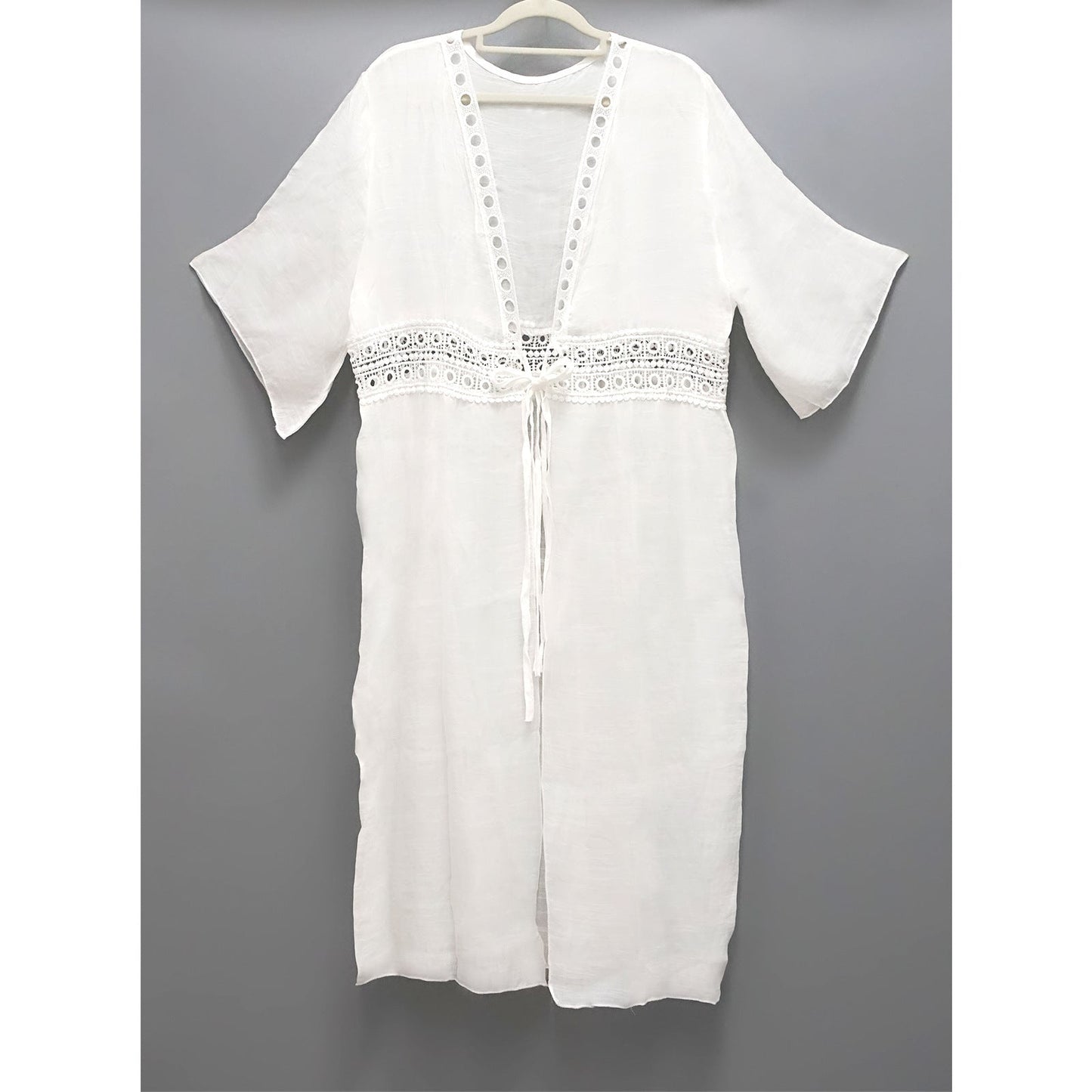 Ladies airy beach tunic with crocheted detail and tie belt Ivyshape