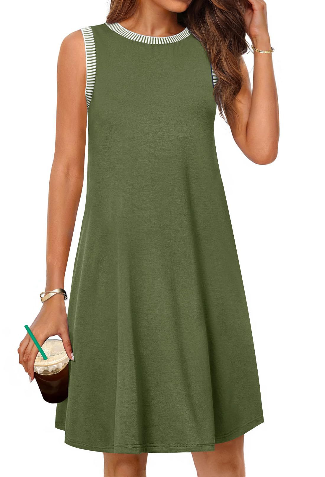Women's A-line casual dress with striped sleeves Ivyshape