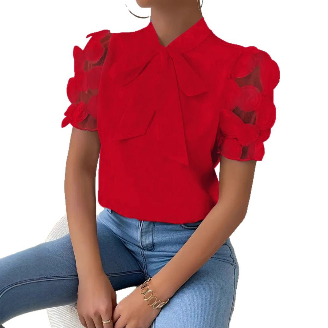 Women's blouse with transparent puff sleeves and chic bow Ivyshape