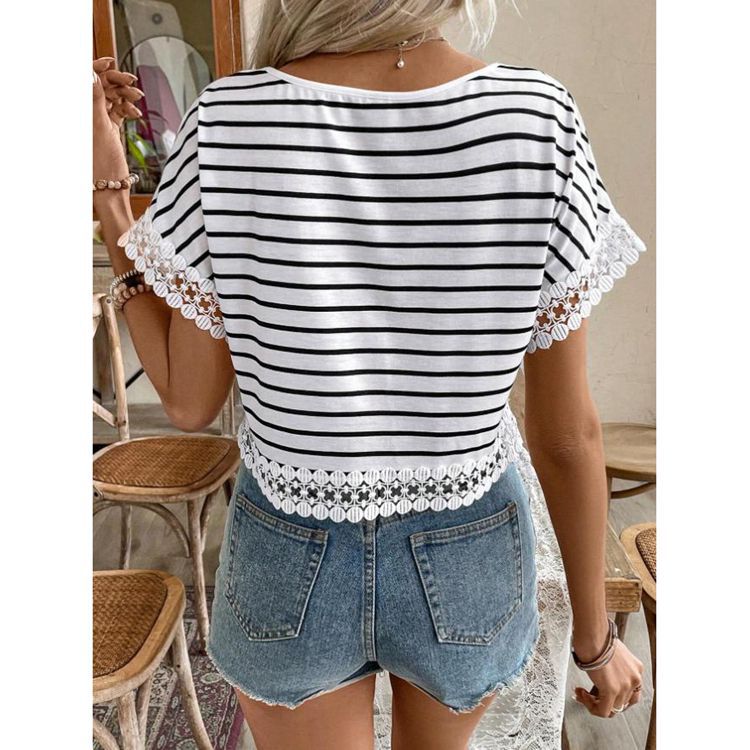 Ladies short sleeve blouse with lace trim and striped pattern Ivyshape