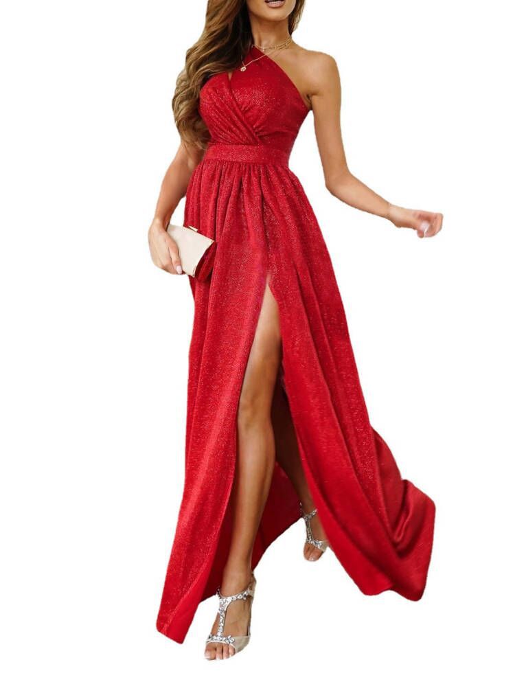Ladies Glamorous Maxi Dress with Asymmetrical Cut and Slits Ivyshape