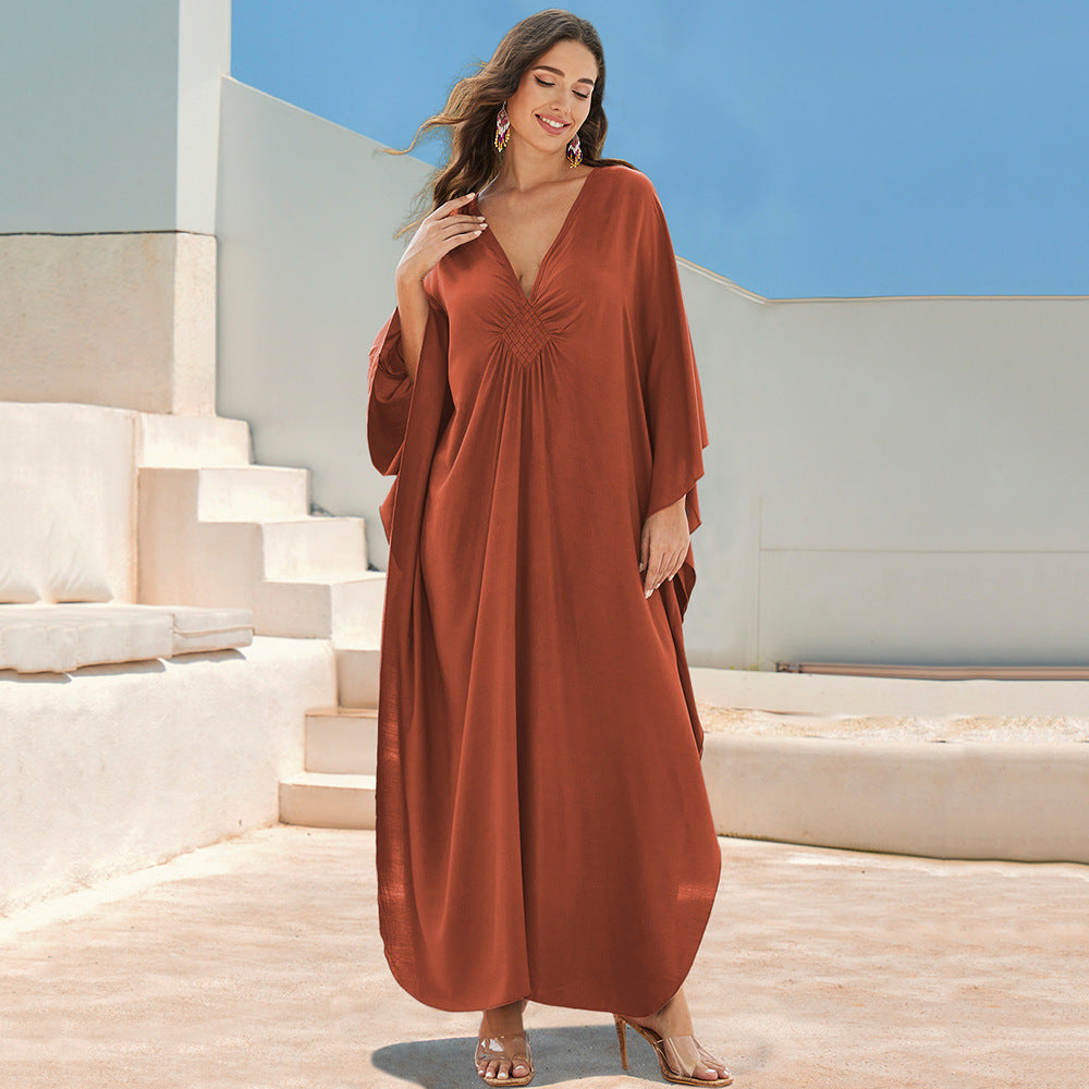 Women's bright summer maxidress with elegant V-neck and flowing silhouette Ivyshape