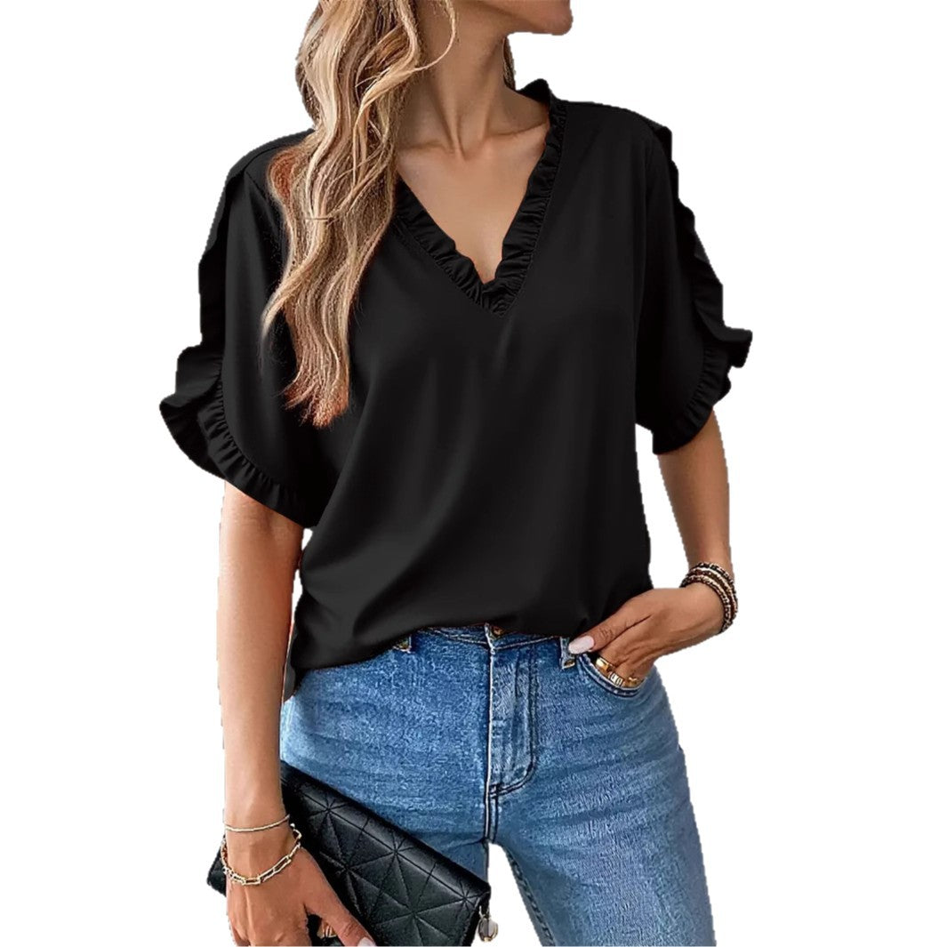 Ladies blouse with ruffle details and V-neck Ivyshape