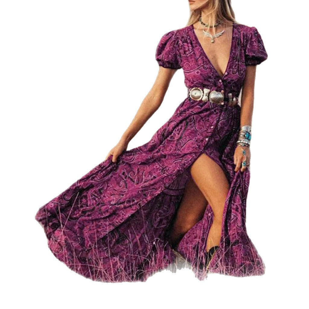 Ladies Maxidress with elegant puff sleeves and refined slit Ivyshape