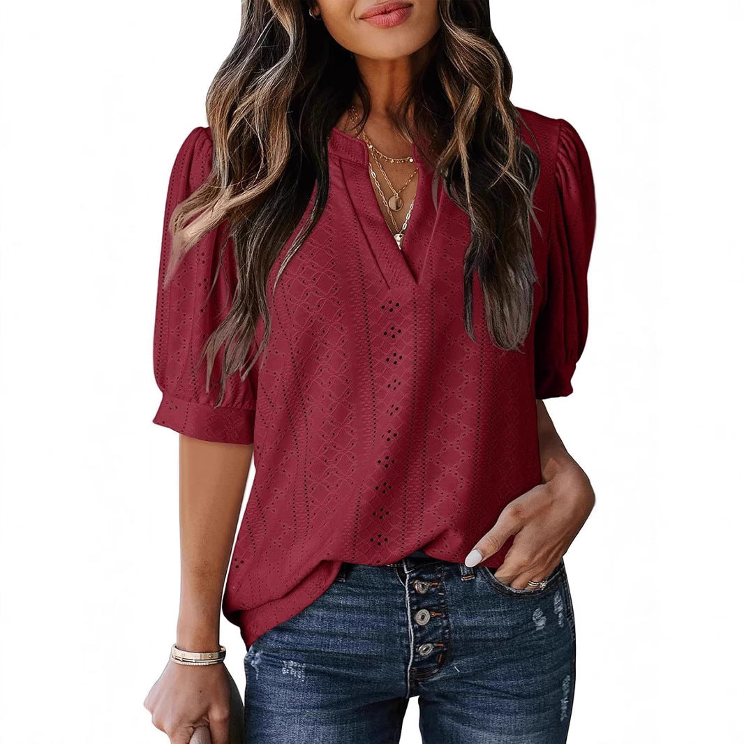 Women Puff Sleeve Lace Blouse Ivyshape