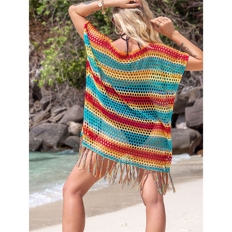 Ladies Net Beach Cover-Up with Colorful Fringe Ivyshape