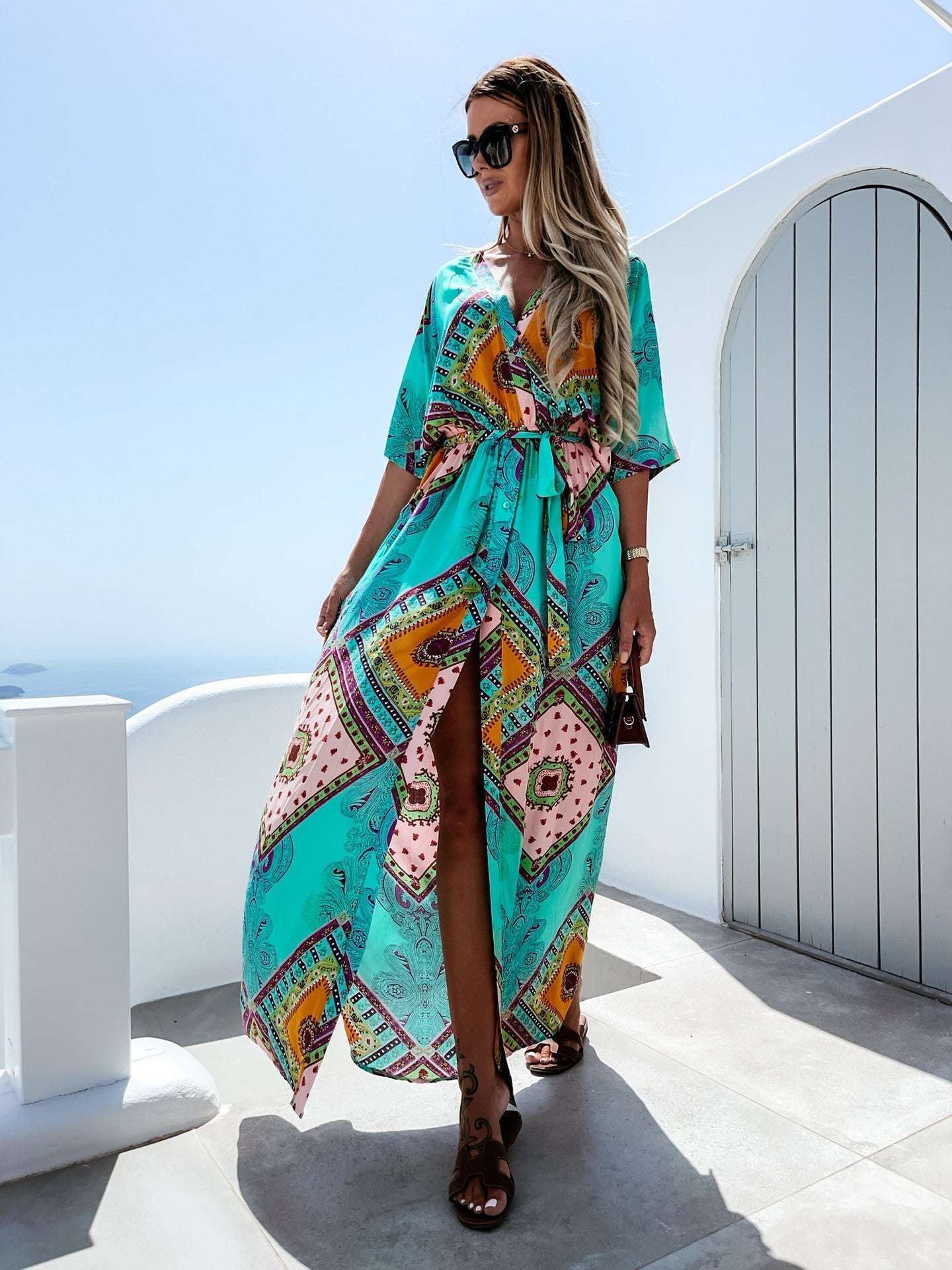 Ladies' maxi dress with a loose fit and colorful ethnic pattern Ivyshape