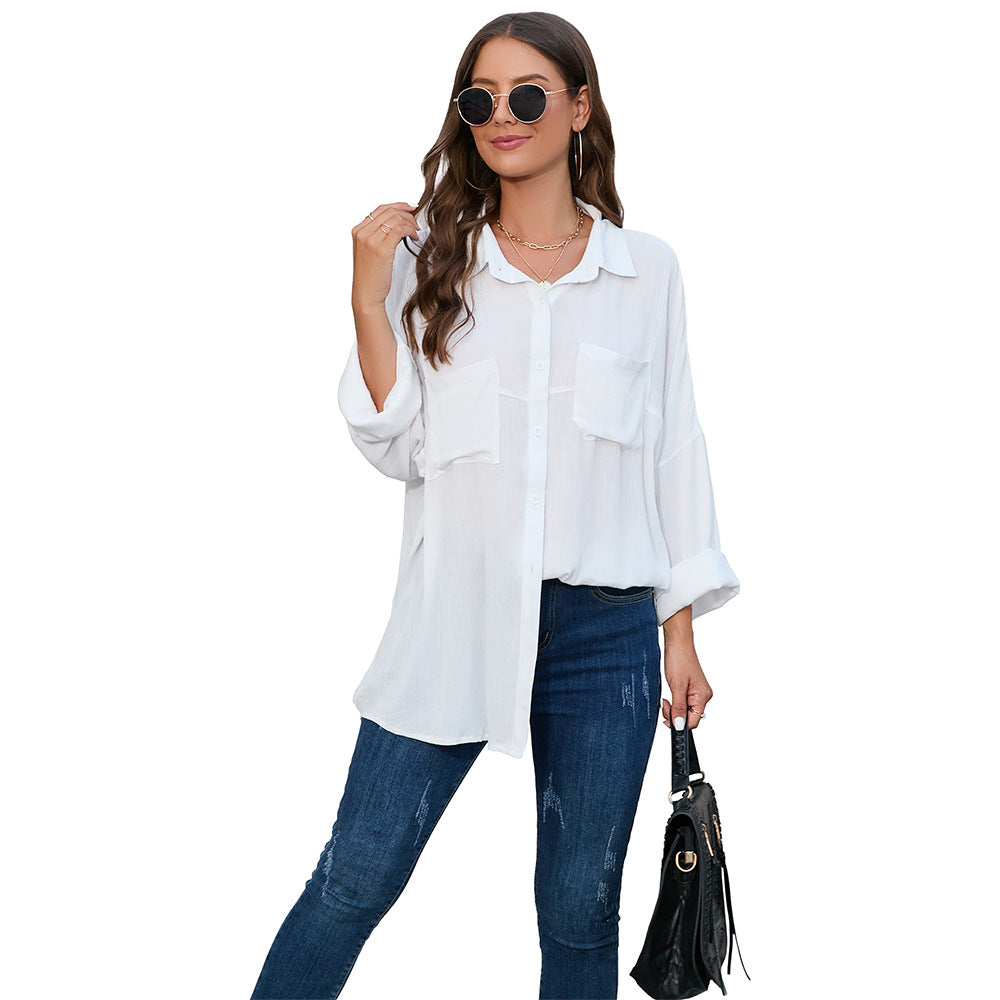 Women's casual oversized blouse with patch pockets Ivyshape