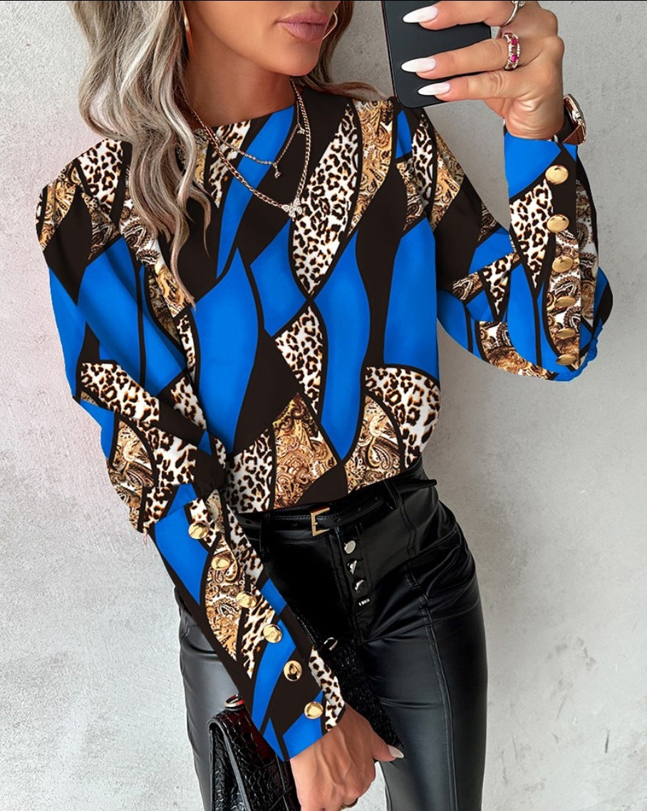 Ladies Fashionable Blouse with Unique Pattern and Golden Buttons Ivyshape
