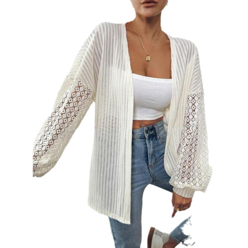 Ladies cardigan with unique lace knit pattern and wide sleeves Ivyshape