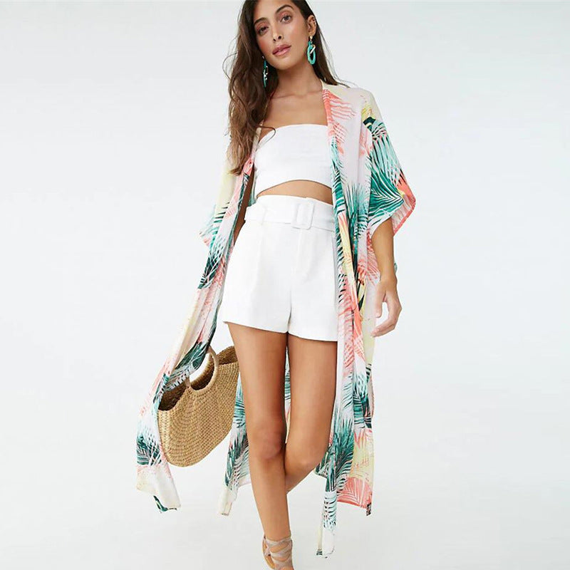 Women's beach kimono with elegant palm pattern and casual fit Ivyshape
