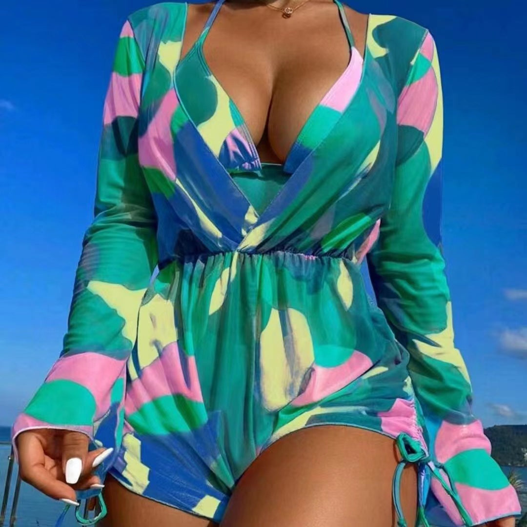 Women's beach dress with deep V-neck and long sleeves Ivyshape