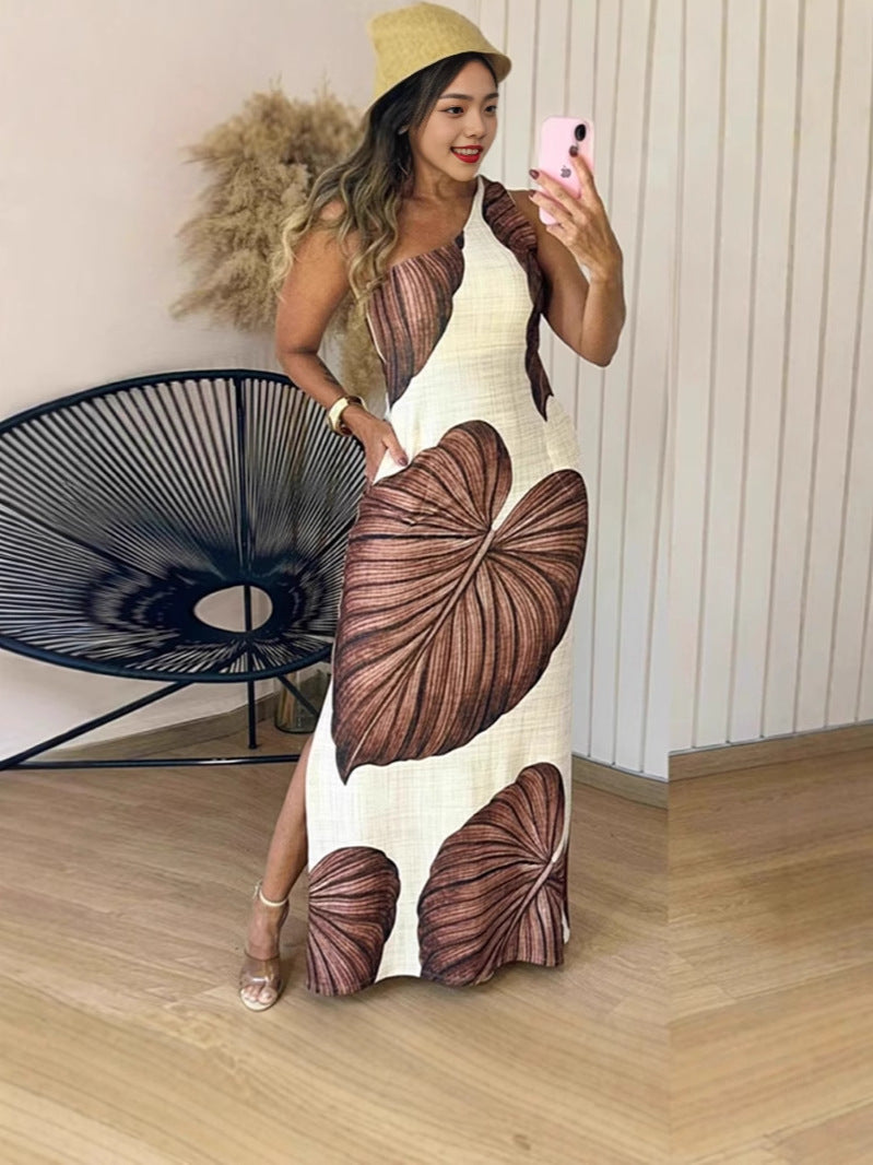 Ladies max dress with exciting leaf pattern and side slit Ivyshape