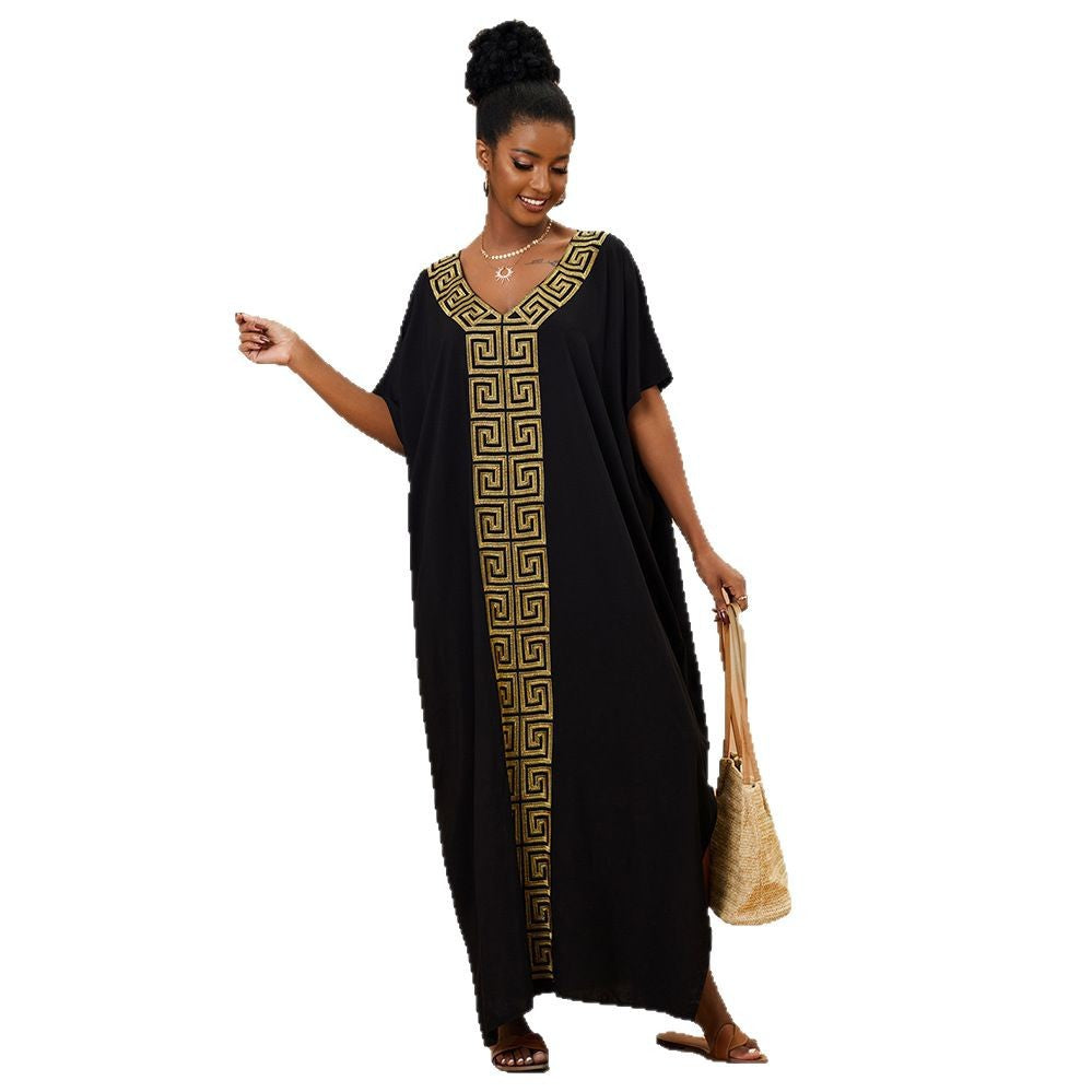 Ladies beach dress with elegant geometric embroidery and deep V-neck Ivyshape