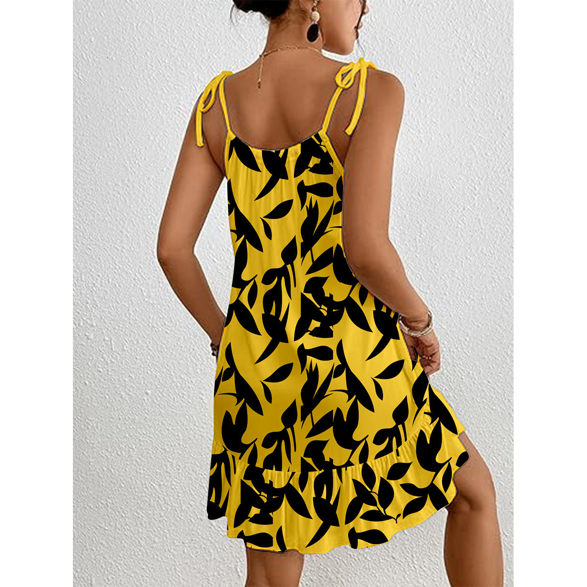 Women's summer dress with adjustable spaghetti straps and fresh leaf pattern Ivyshape