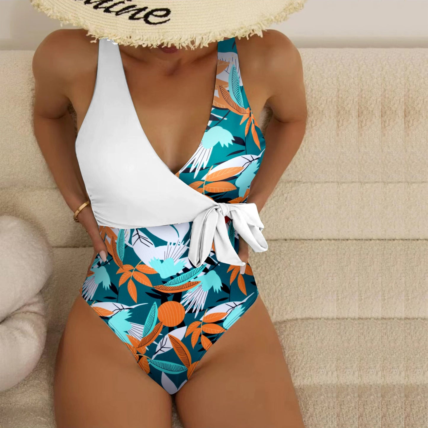 Women's one-piece swimsuit with wrap design and floral pattern play Ivyshape