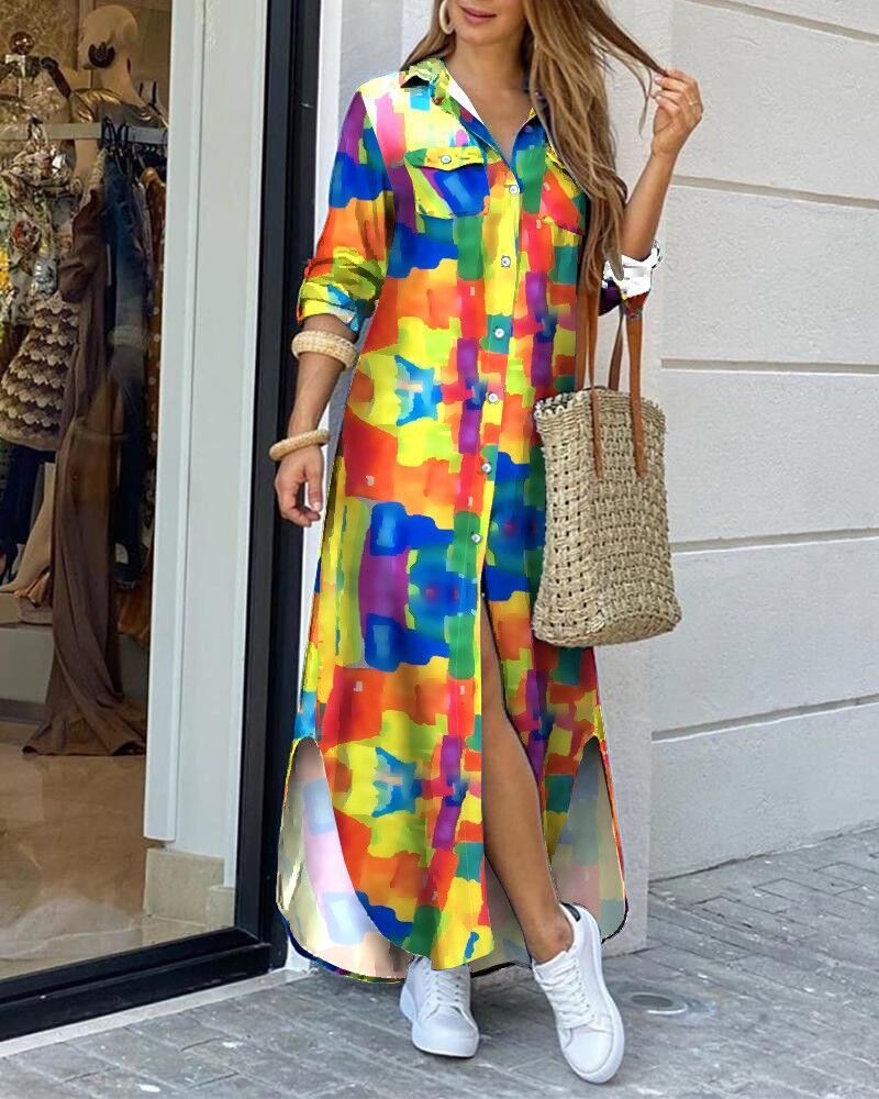 Women's maxi dress with geometric pattern and button-shaped details Ivyshape