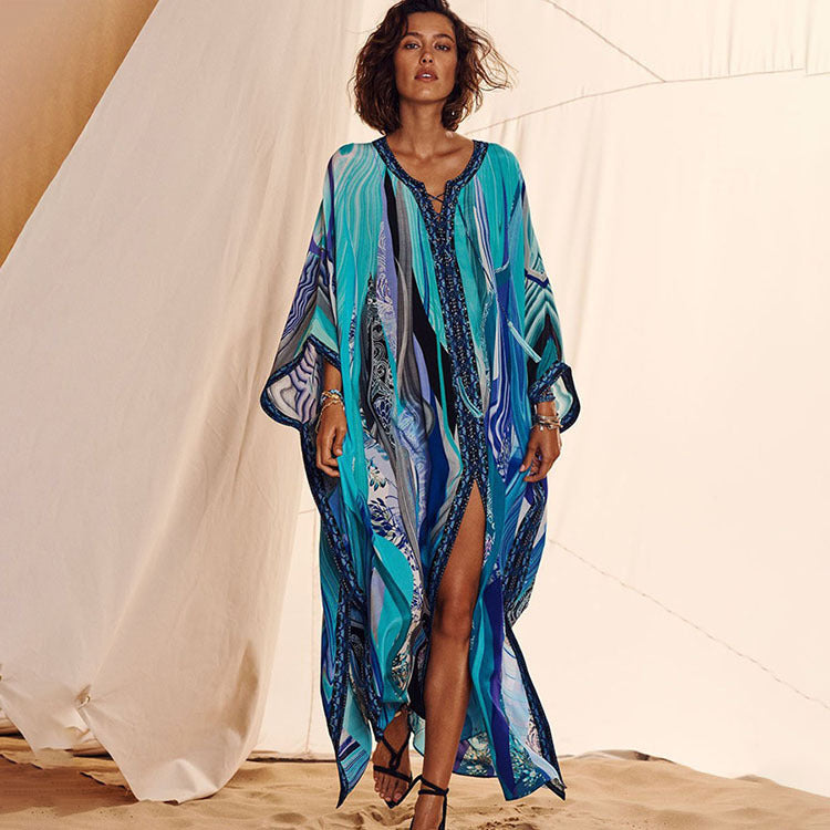 Women’s beach dress with artistic floral design and side slits Ivyshape