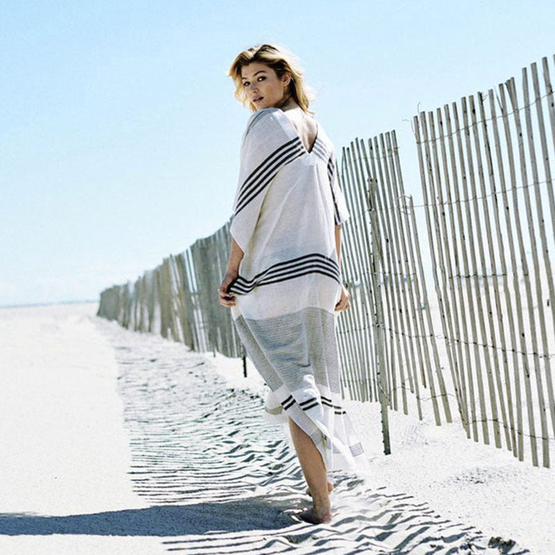 Women elegant beach kimono with stripe pattern and deep V-neck Ivyshape