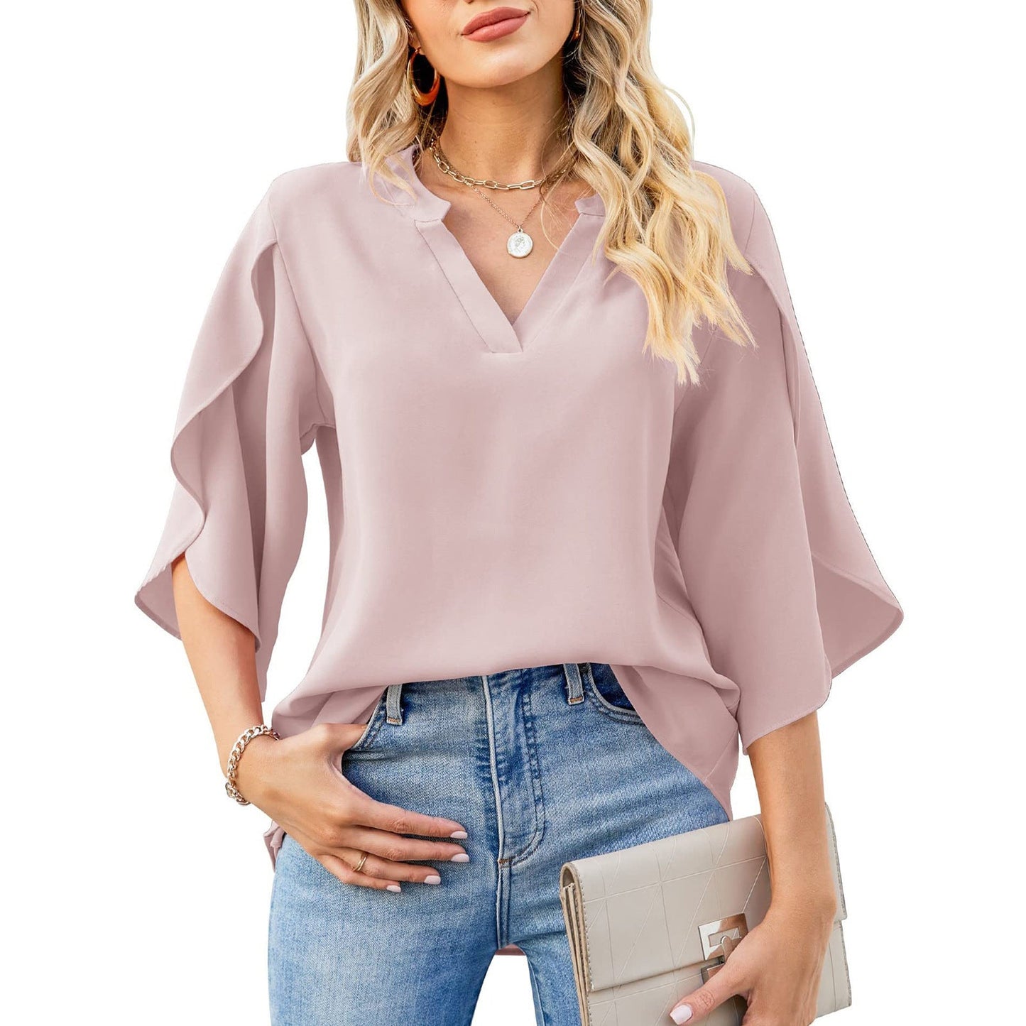 Women's Elegant Blouse with Asymmetric Sleeve and V-Neck Ivyshape