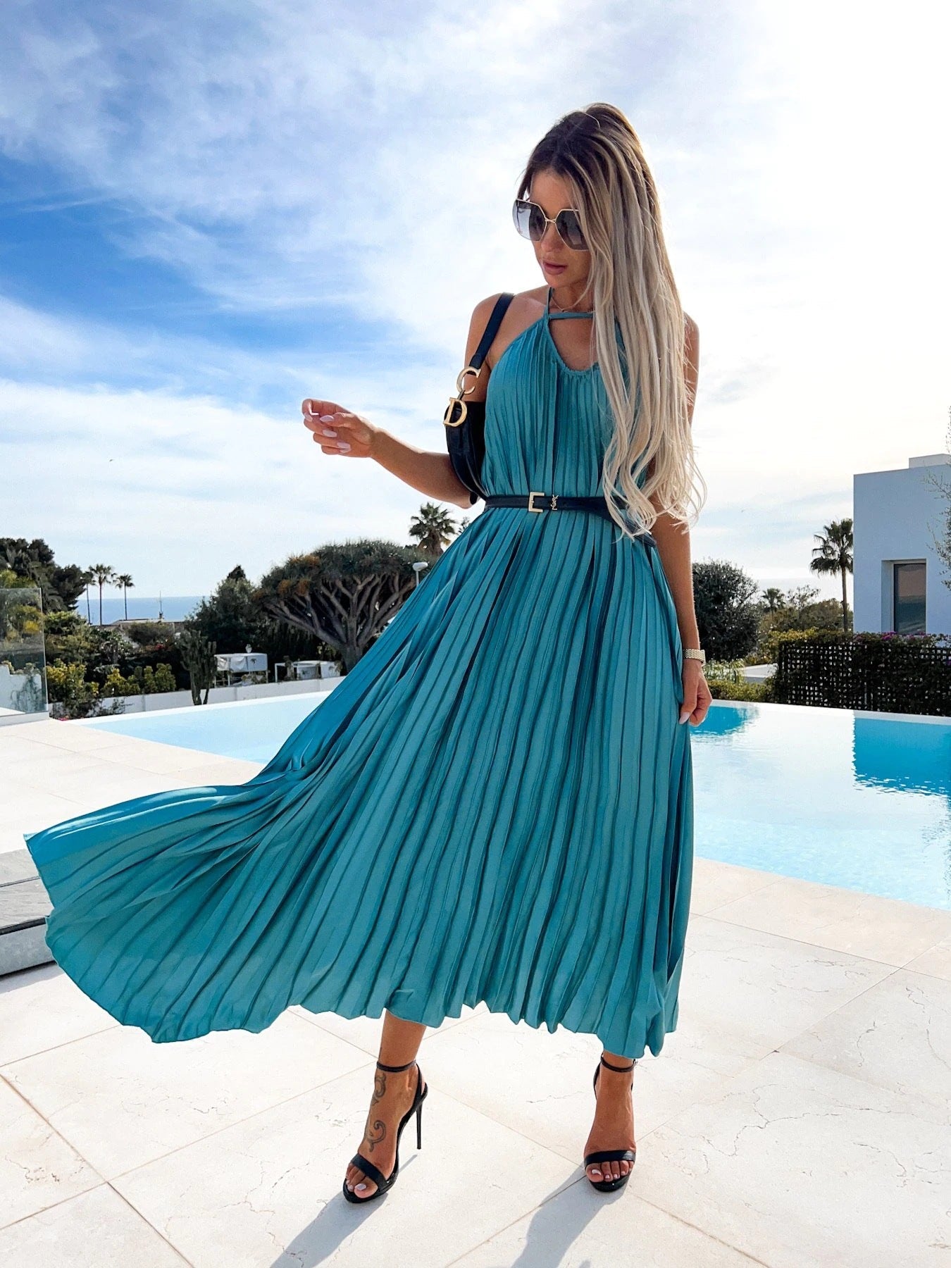 Women’s maxi dress with pleats and halter design Ivyshape