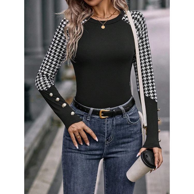 Women's Figure-Hugging Long Sleeve Top with Houndstooth Pattern Ivyshape