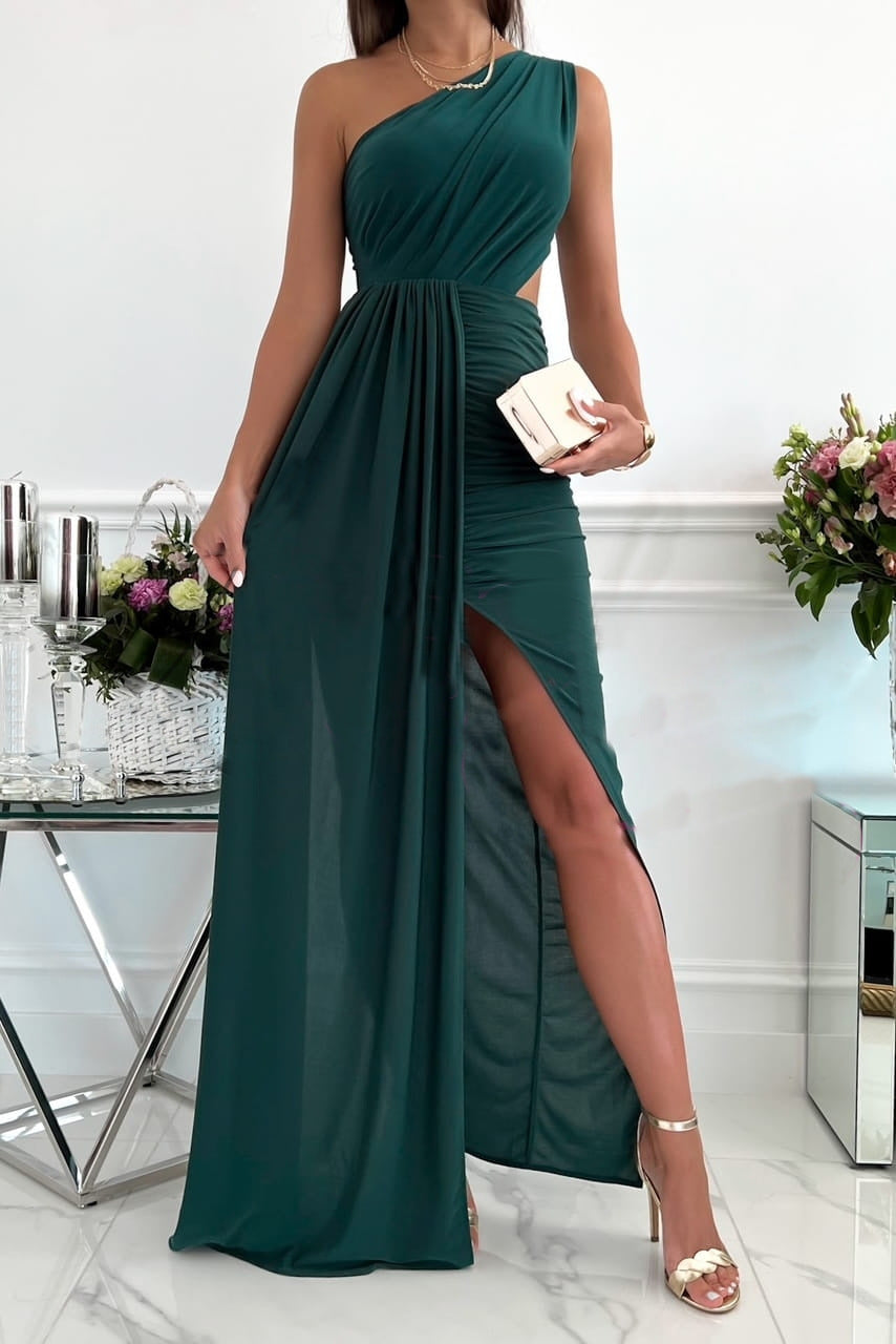 Women's Elegant One-Shoulder Maxi Dress with Draped Top and Side Slit Ivyshape