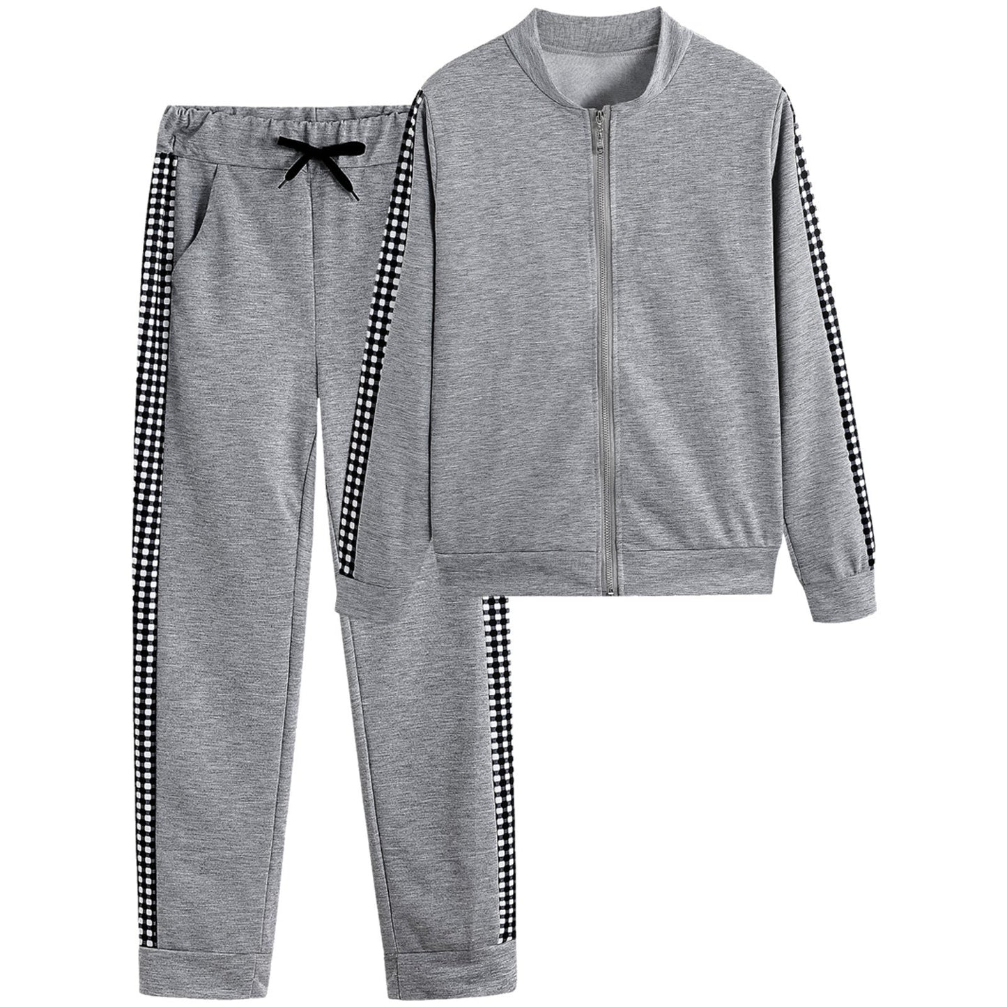 Women's Sporty Leisurewear Set with Side Check Pattern Decoration Ivyshape