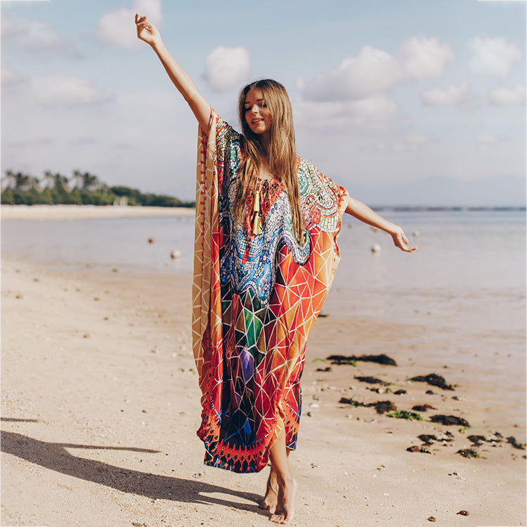 Women's beach kaftan with colorful mandala pattern and casual cut Ivyshape