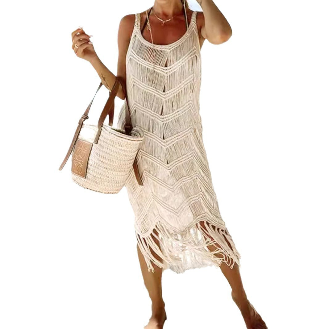 Women’s Crochet Beach Dress with Fringes and Stylish Pattern Ivyshape