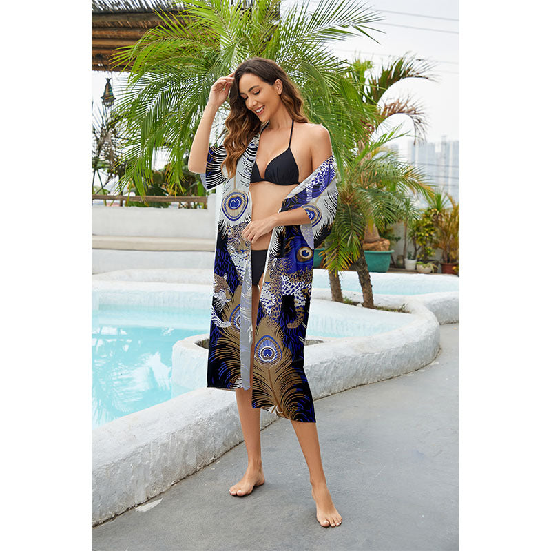 Ladies luxurious beach robe with animal pattern Ivyshape
