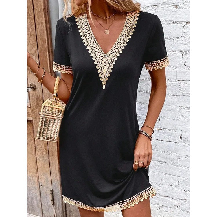 Women V-neck dress with lace embellishments Ivyshape
