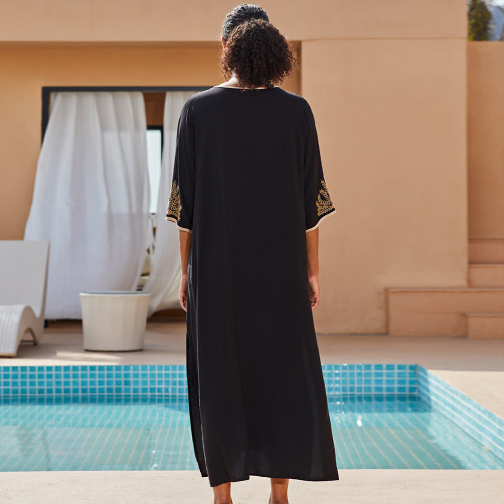 Women's Maxi Kaftan with Elegant Gold Embroidery Ivyshape