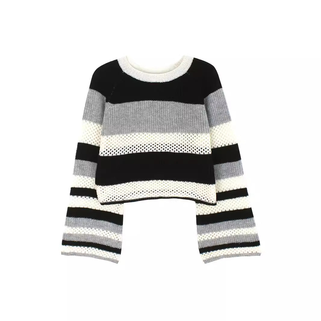 Women's Casual Cropped Knit Sweater with Mesh Design and Striped Pattern Ivyshape