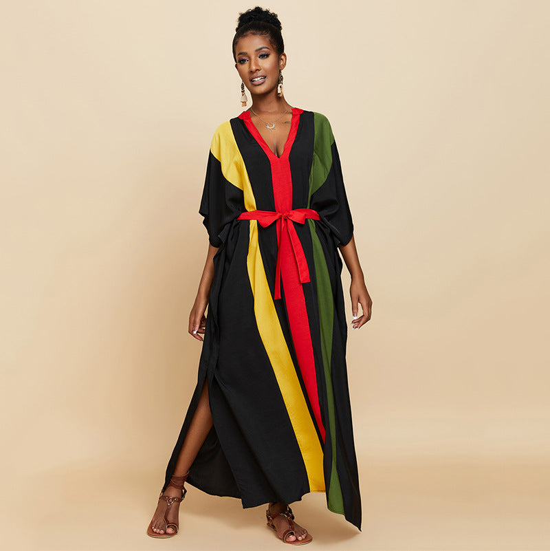 Ladies Maxi Dress with stylish stripes and waist belt Ivyshape