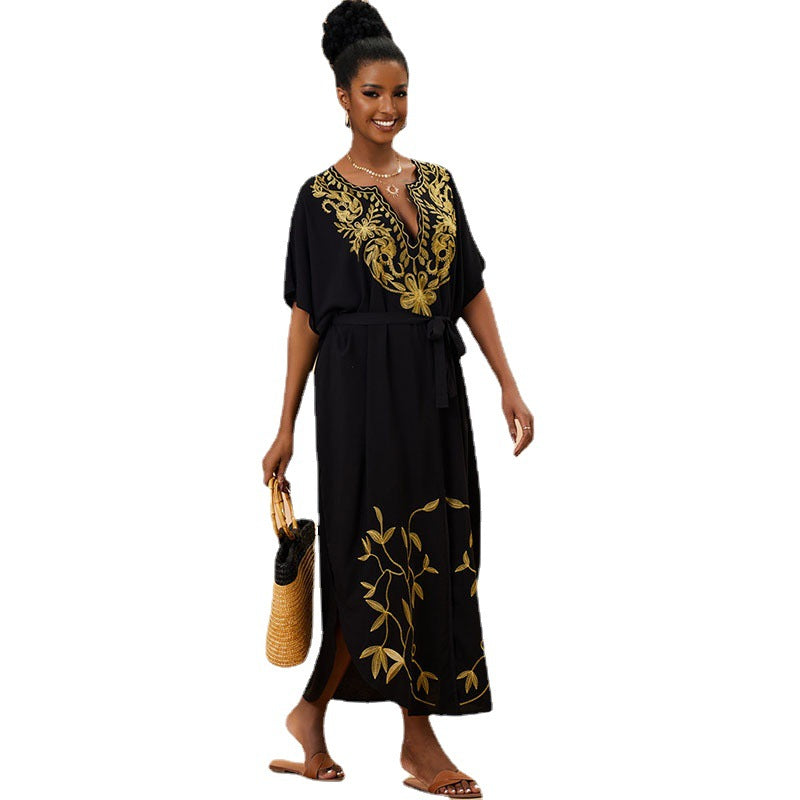 Women's maxi kaftan with artistic embroidery pattern and side slit details Ivyshape