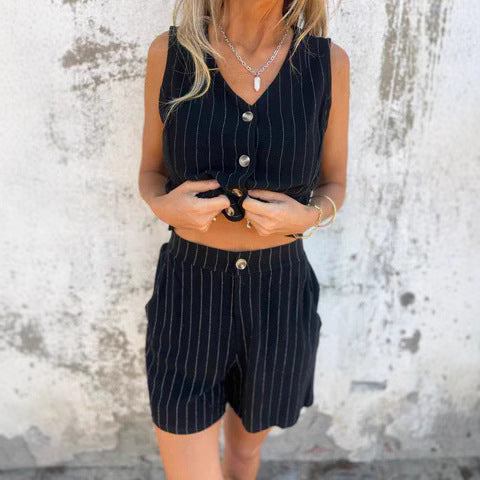 Women's Button-Up Striped Two-Piece Set Ivyshape